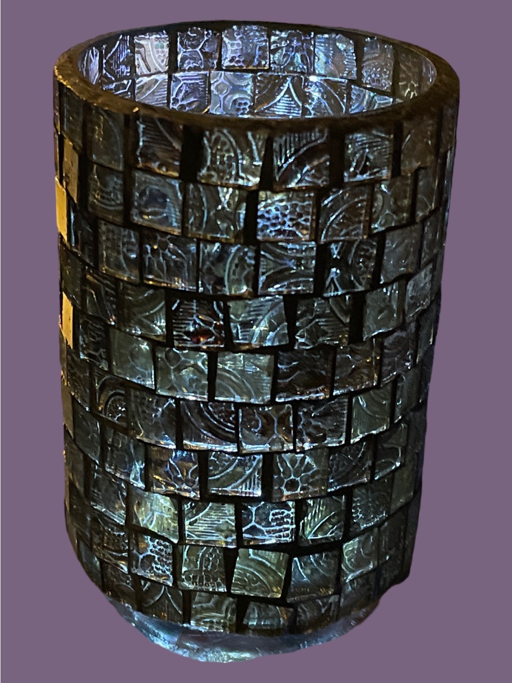 Glass Mosaic Tealight Candle Holder Of Dark Textured Glass Tiles W/Pontil